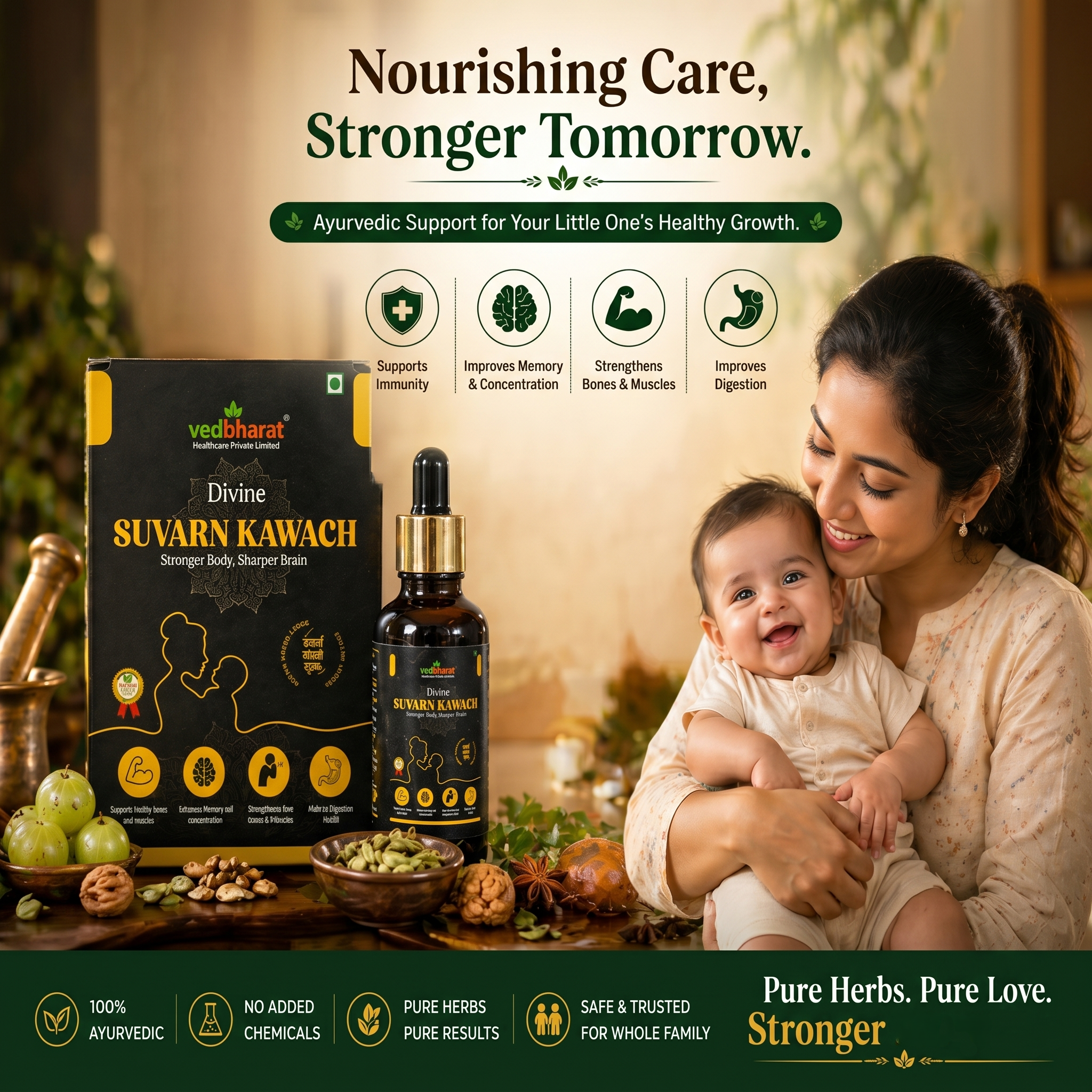 Vedbharat™ Divine Suvarn Kawach Drops | Ayurvedic Immunity & Brain Booster | Supports Growth, Memory & Digestion | For Kids & Adults | Herbal Wellness Formula