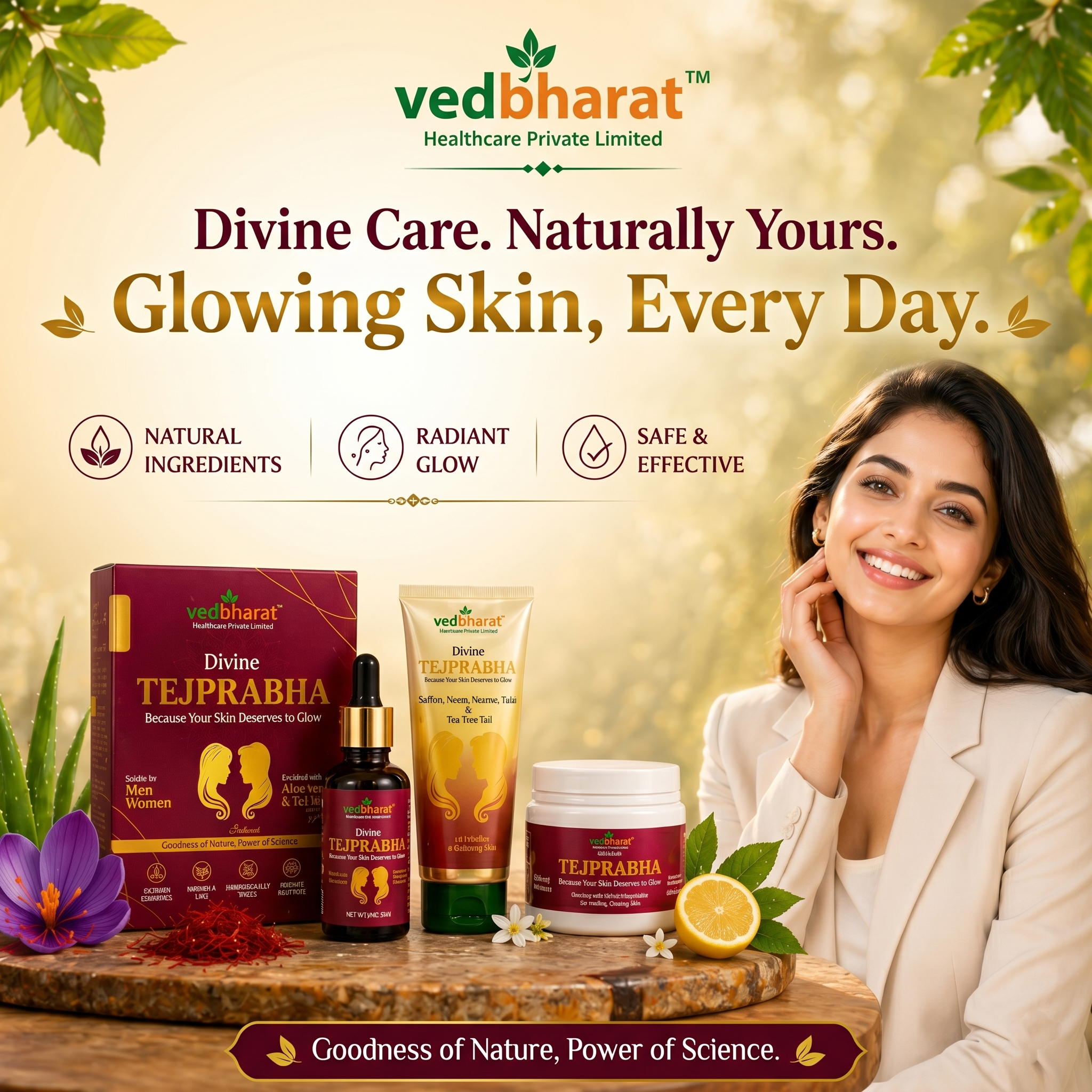 Vedbharat™ Divine Tejprabha Skin Glow Kit | Ayurvedic Skincare Combo (Face Wash + Serum + Cream) | Brightens Skin, Reduces Dark Spots, Acne Control | For Men & Women