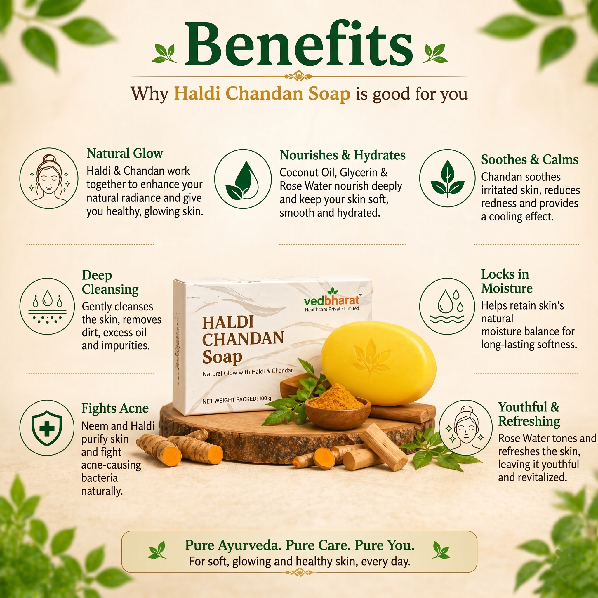 Vedbharat™ Haldi Chandan Soap | Ayurvedic Skin Care Bar | Brightening & Anti-Tan | Removes Impurities & Improves Skin Glow | Natural Turmeric & Sandalwood Soap | 100g