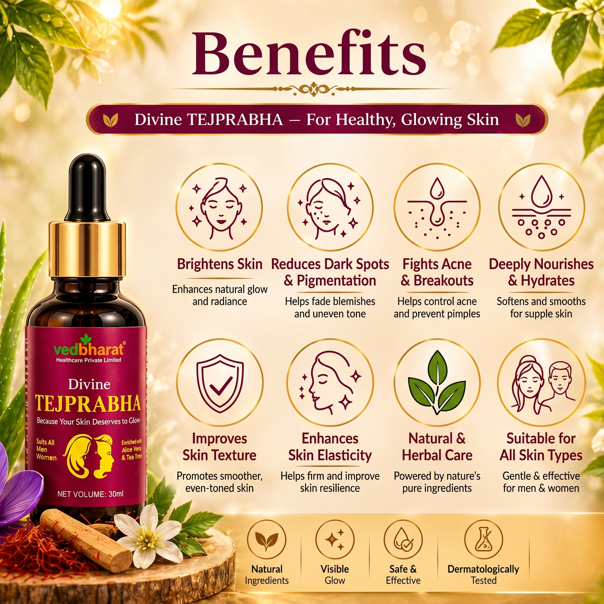 Vedbharat™ Divine Tejprabha Skin Glow Kit | Ayurvedic Skincare Combo (Face Wash + Serum + Cream) | Brightens Skin, Reduces Dark Spots, Acne Control | For Men & Women
