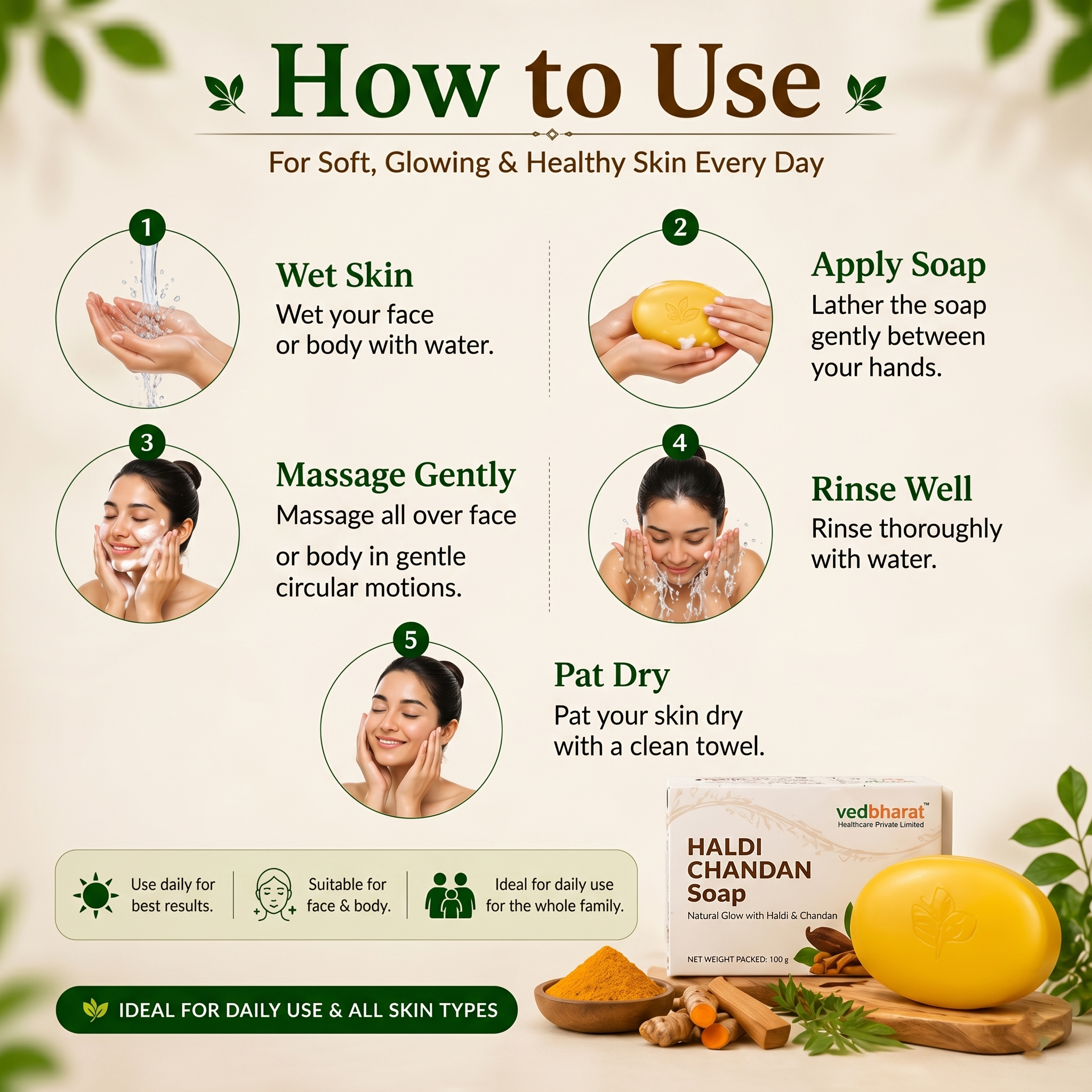 Vedbharat™ Haldi Chandan Soap | Ayurvedic Skin Care Bar | Brightening & Anti-Tan | Removes Impurities & Improves Skin Glow | Natural Turmeric & Sandalwood Soap | 100g