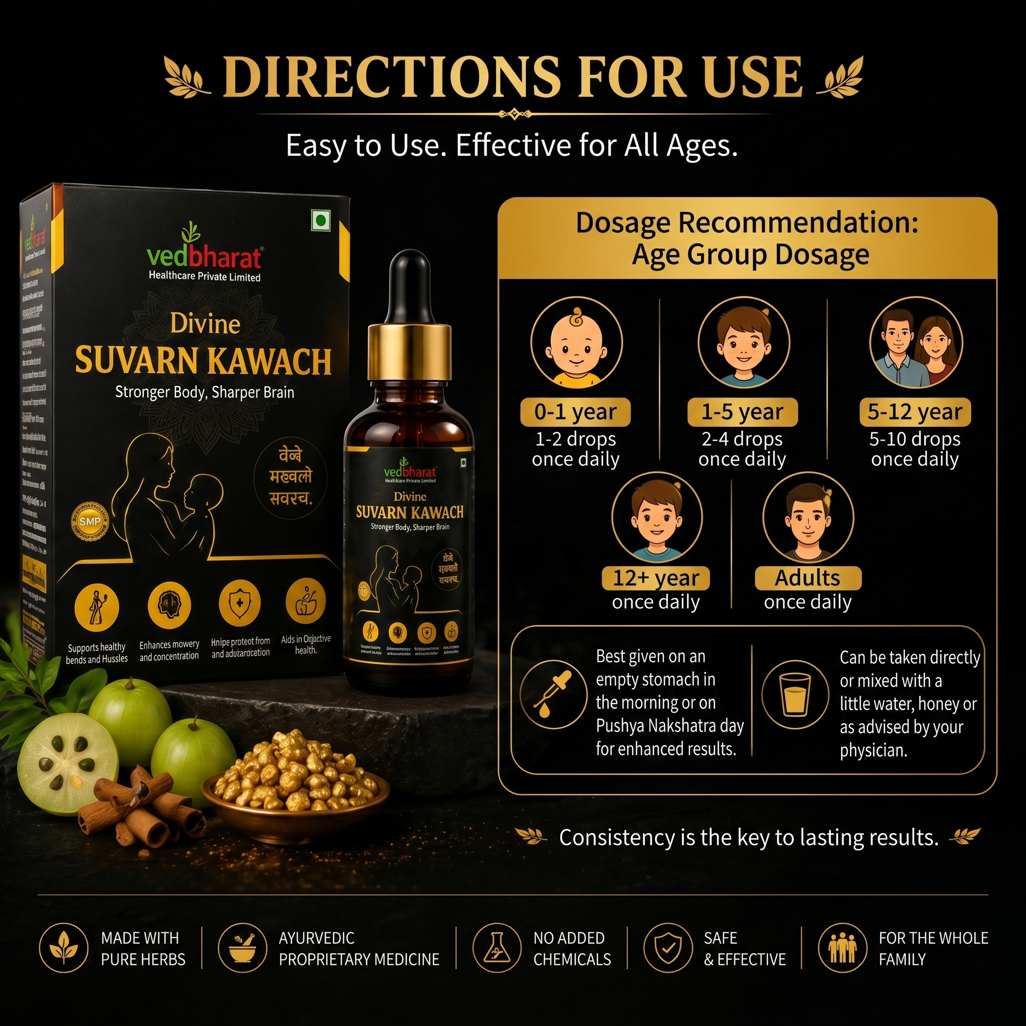 Vedbharat™ Divine Suvarn Kawach Drops | Ayurvedic Immunity & Brain Booster | Supports Growth, Memory & Digestion | For Kids & Adults | Herbal Wellness Formula