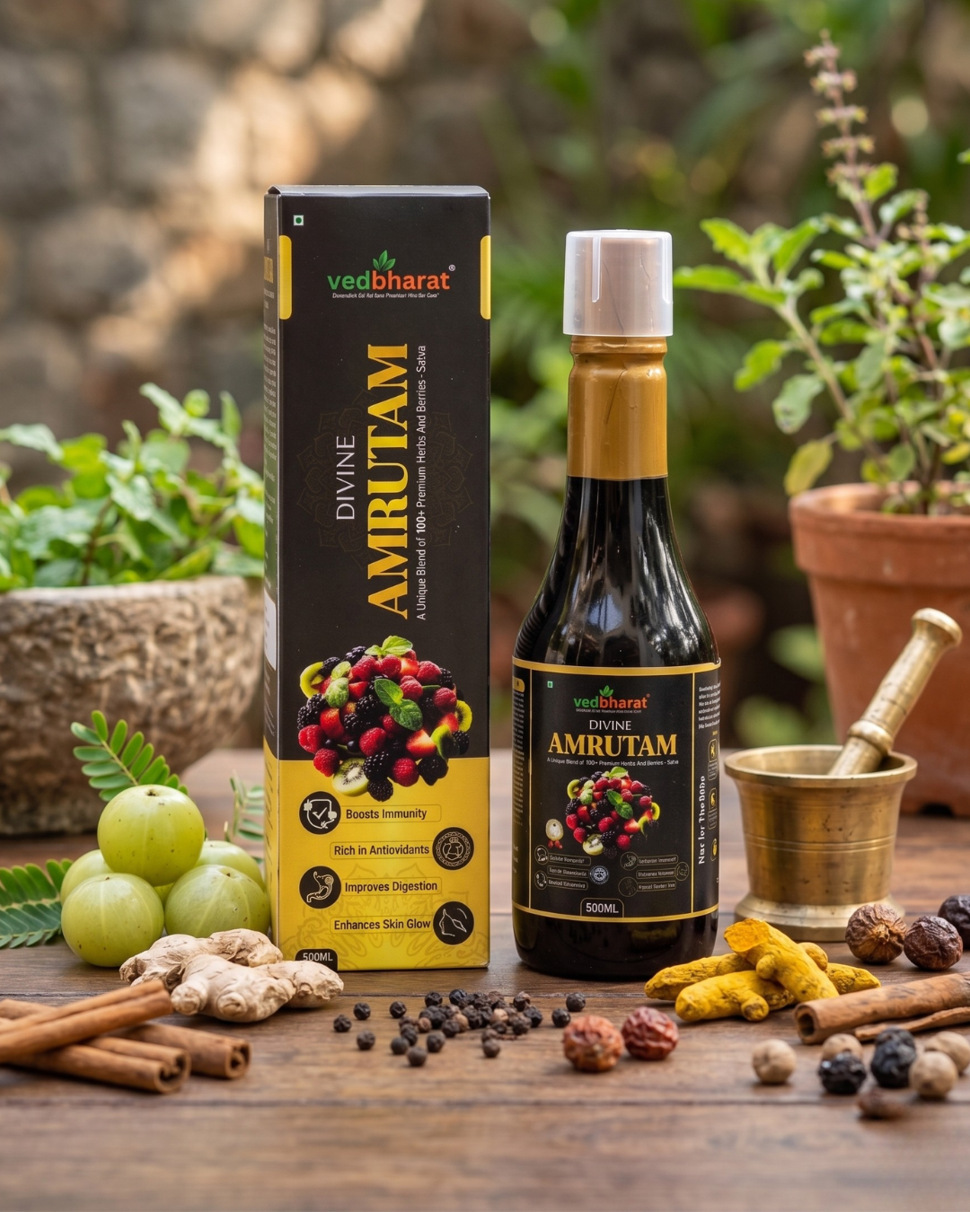 Vedbharat™ Divine Amrutam Ayurvedic Health Tonic | 100+ Herbs &amp; Natural Berries | Immunity Booster, Antioxidant Rich, Supports Digestion &amp; Skin Glow | 500ml