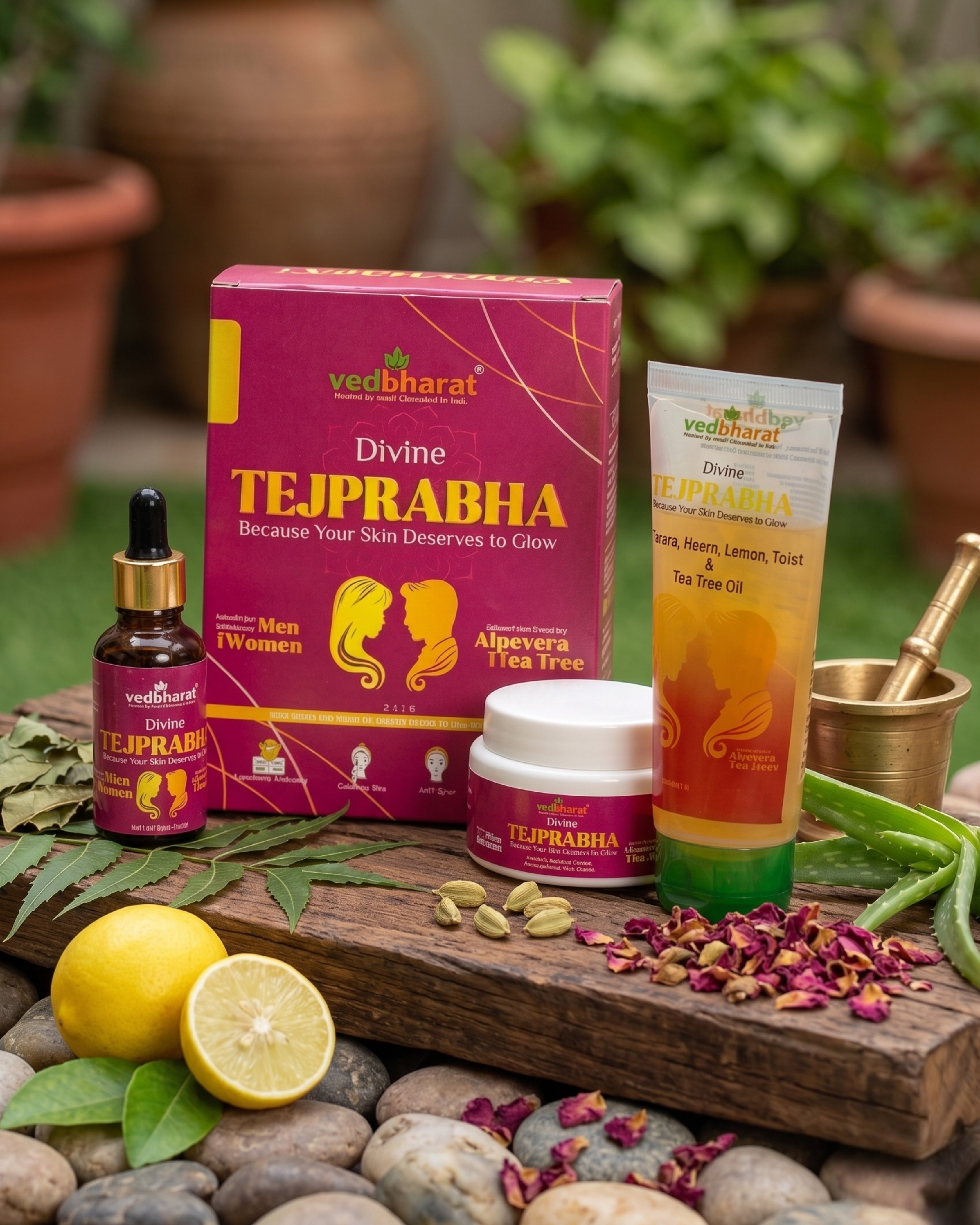 Vedbharat™ Divine Tejprabha Skin Glow Kit | Ayurvedic Skincare Combo (Face Wash + Serum + Cream) | Brightens Skin, Reduces Dark Spots, Acne Control | For Men & Women