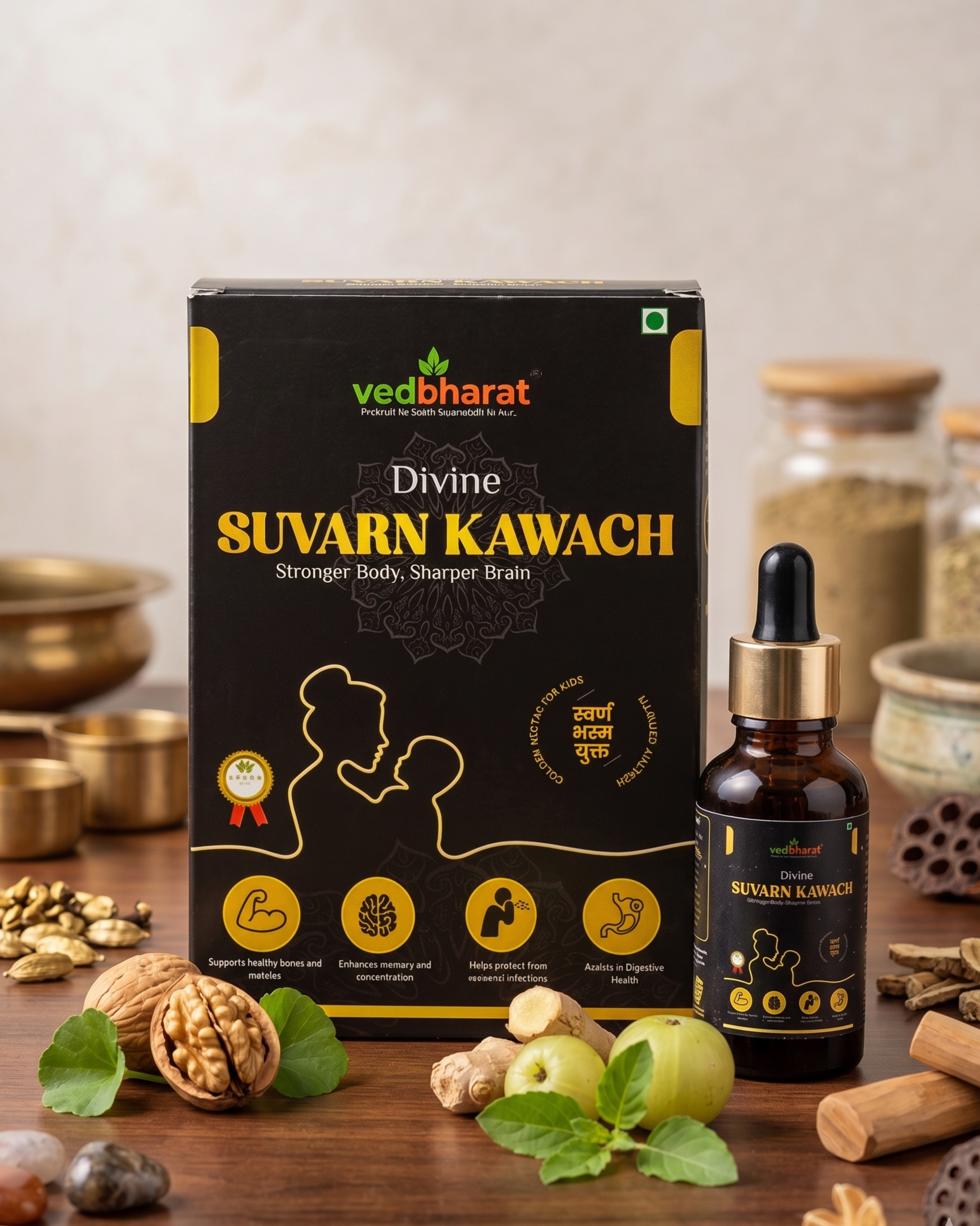 Vedbharat™ Divine Suvarn Kawach Drops | Ayurvedic Immunity & Brain Booster | Supports Growth, Memory & Digestion | For Kids & Adults | Herbal Wellness Formula